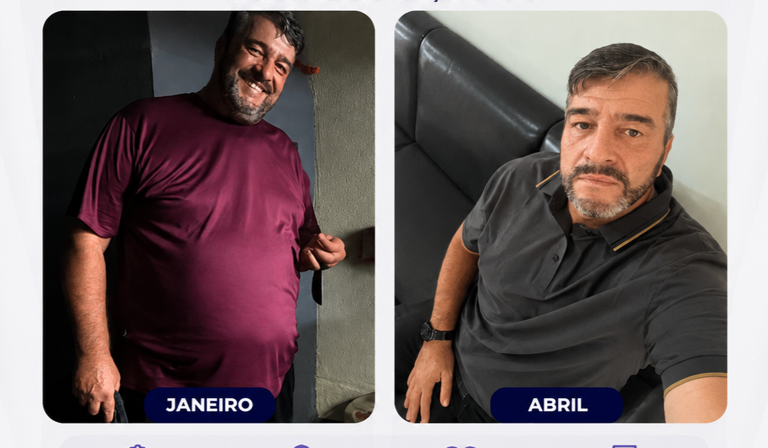 Colagem antes e depois de paciente do sexo masculino, evolução corporal entre janeiro e abril, fotografia realista