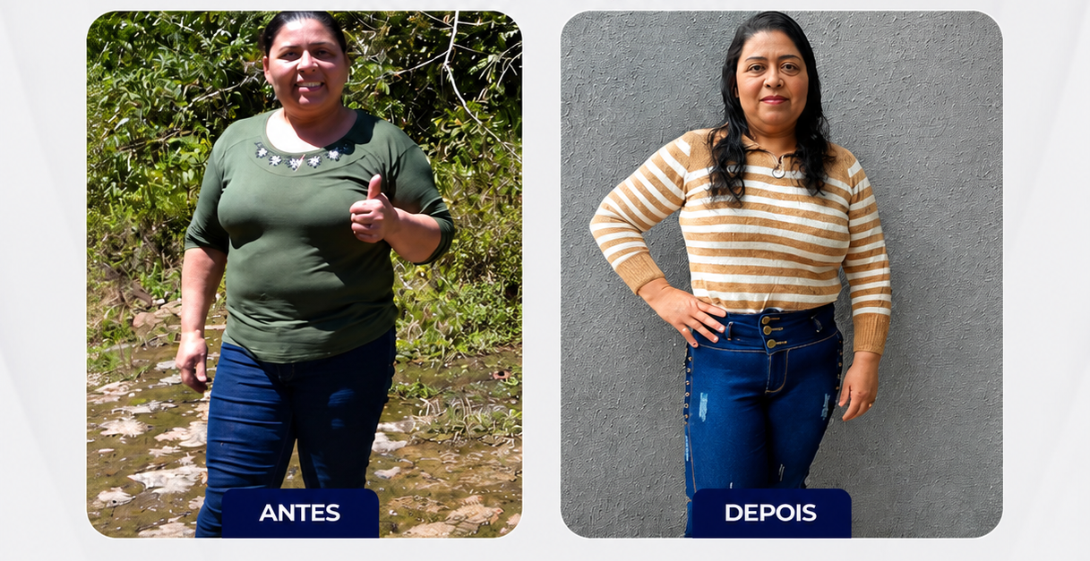 Colagem antes e depois de paciente ao ar livre e em ambiente interno, evolução corporal e postura, fotografia realista