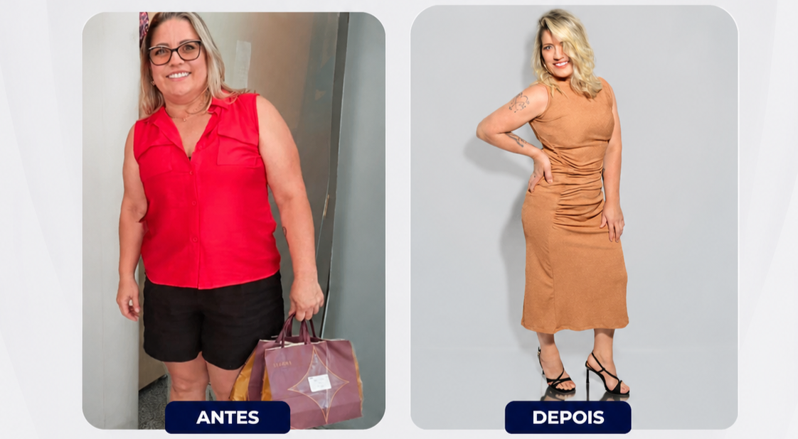 Colagem antes e depois de paciente com roupas diferentes, evolução corporal e mudança de estilo, fotografia realista