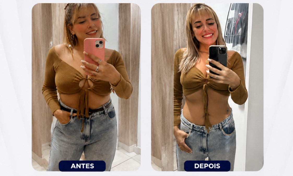 Selfie antes e depois em frente ao espelho de paciente mostrando evolução corporal, fotografia realista