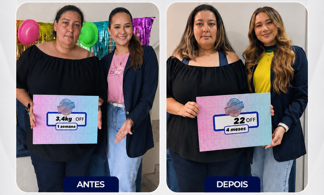 Colagem antes e depois mostrando evolução corporal de paciente durante tratamento de emagrecimento, ambiente comemorativo, fotografia realista